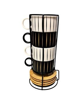 LUKA 9Pc Porcelain B&W Gold Stripes Espresso Cups Wood Saucers & Metal Stand NEW